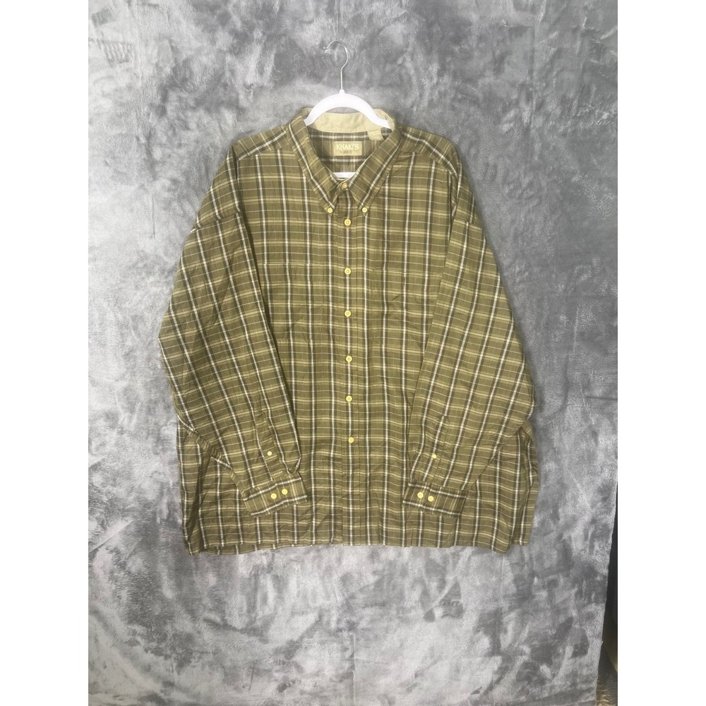 Khakis by Arrow Mens 4XB 4X Plaid Button Down Shirt Olive Green Long Sleeve